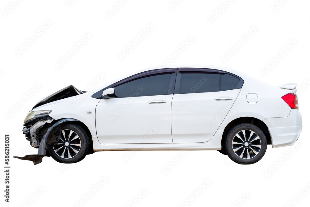 Side of white car get damaged by accident on the road. Broken cars after collision. auto accident, isolated on transparent background, PNG File