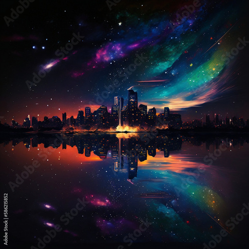 Digital art of a mesmerizing nightscape, a city skyline silhouette,  starry night sky, illuminated skyscrapers , architecture, Generative AI  © Solstice
