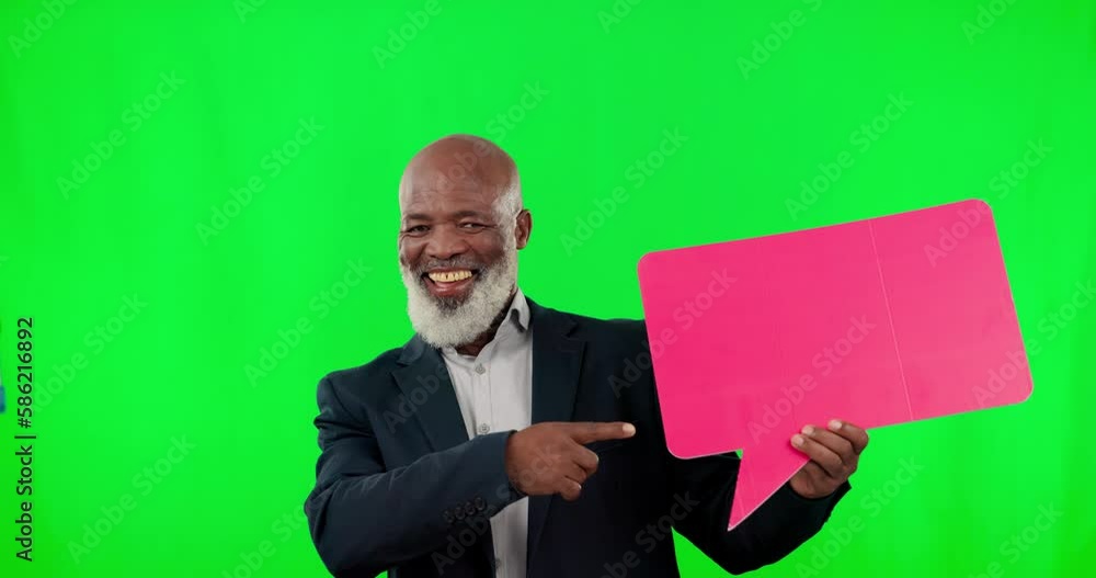 Green screen, speech bubble and man point mockup space for social media, chat icon and networking cardboard sign. Professional, senior and african person with voice communication or opinion in studio Green screen, speech bubble and man point mockup space for social media, chat icon and networking cardboard sign. Professional, senior and african person with voice communication or opinion in studio