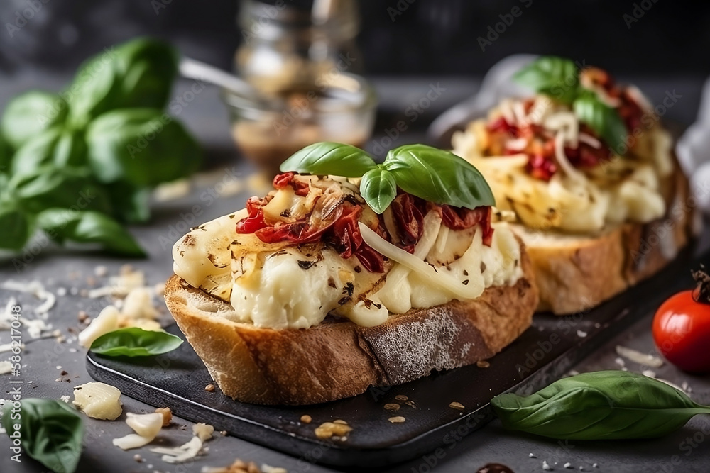 Delicious toast with white asparagus, tomatoes, mozzarella, sun-dried tomatoes and basil on white marble board generated by Ai