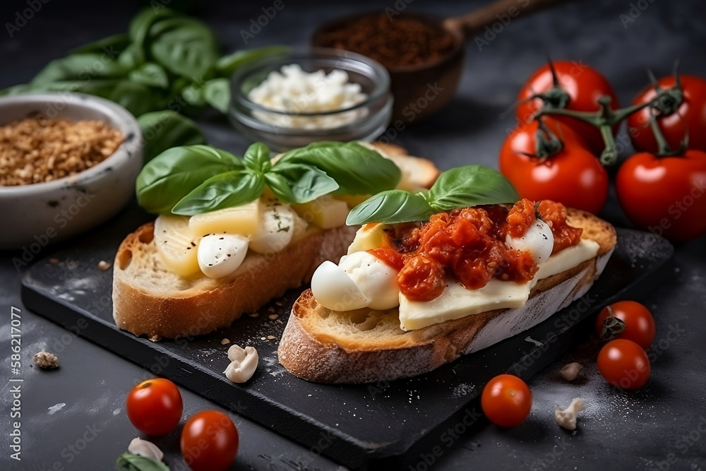Delicious toast with white asparagus, tomatoes, mozzarella, sun-dried tomatoes and basil on white marble board generated by Ai