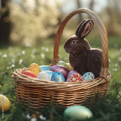 Charming Rabbit Surrounded by Easter Eggs in a Floral Field. Generative AI.