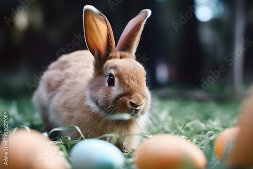 Charming Rabbit Surrounded by Easter Eggs in a Floral Field. Generative AI.
