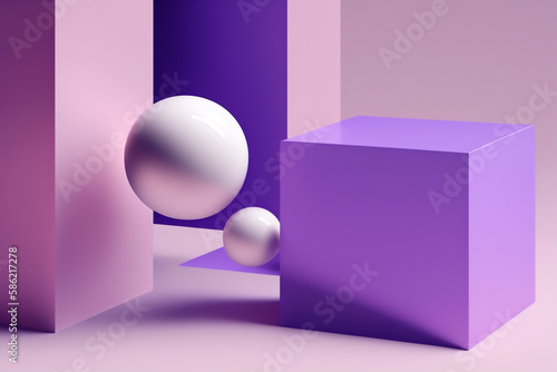 Generative AI illustration of colorful geometric shapes of white spheres on square form on pink floor against violet background photo