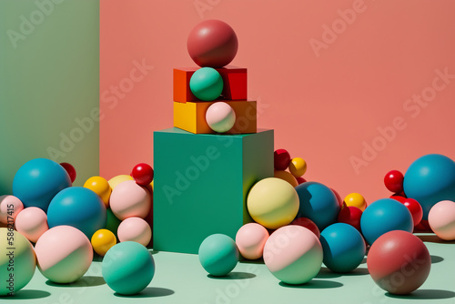 Generative AI illustration of colorful geometric shapes of smooth and shiny spheres on steps of square platforms against red and green background photo