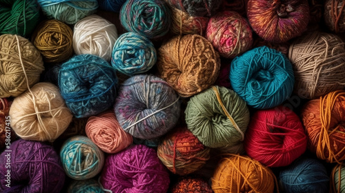 Many colorful balls of wool and cotton yarn for knitting generated by Ai