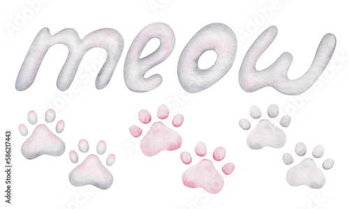Watercolor illustration. Hand painted pink and grey paw prints of kitten  puppy. Footprint of dog  cat. Canine  feline paws. Word meow. World Animal Day. Isolated clip art for posters  banner