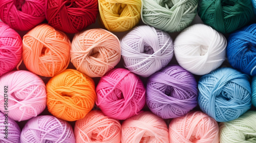 Many colorful balls of wool and cotton yarn for knitting generated by Ai photo