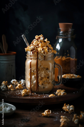 Salted caramel indulgent extreme milkshakes with brezel waffles, popcorn and whipped cream. Crazy freakshake food trend generated by Ai