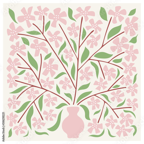 Aesthetic floral retro poster with sakura  or apple blossoms. Trendy hand drawn flowers infantile style. Seventies, groovy background. Decorative contemporary botanical elements.Vector naive art print