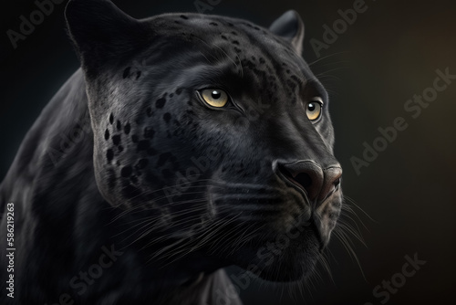Generative AI image of powerful black panther with green eyes looking away on dark background photo