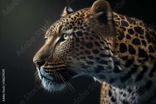 Generative AI image of powerful leopard with black spots on orange fur and green eyes looking away on black background photo