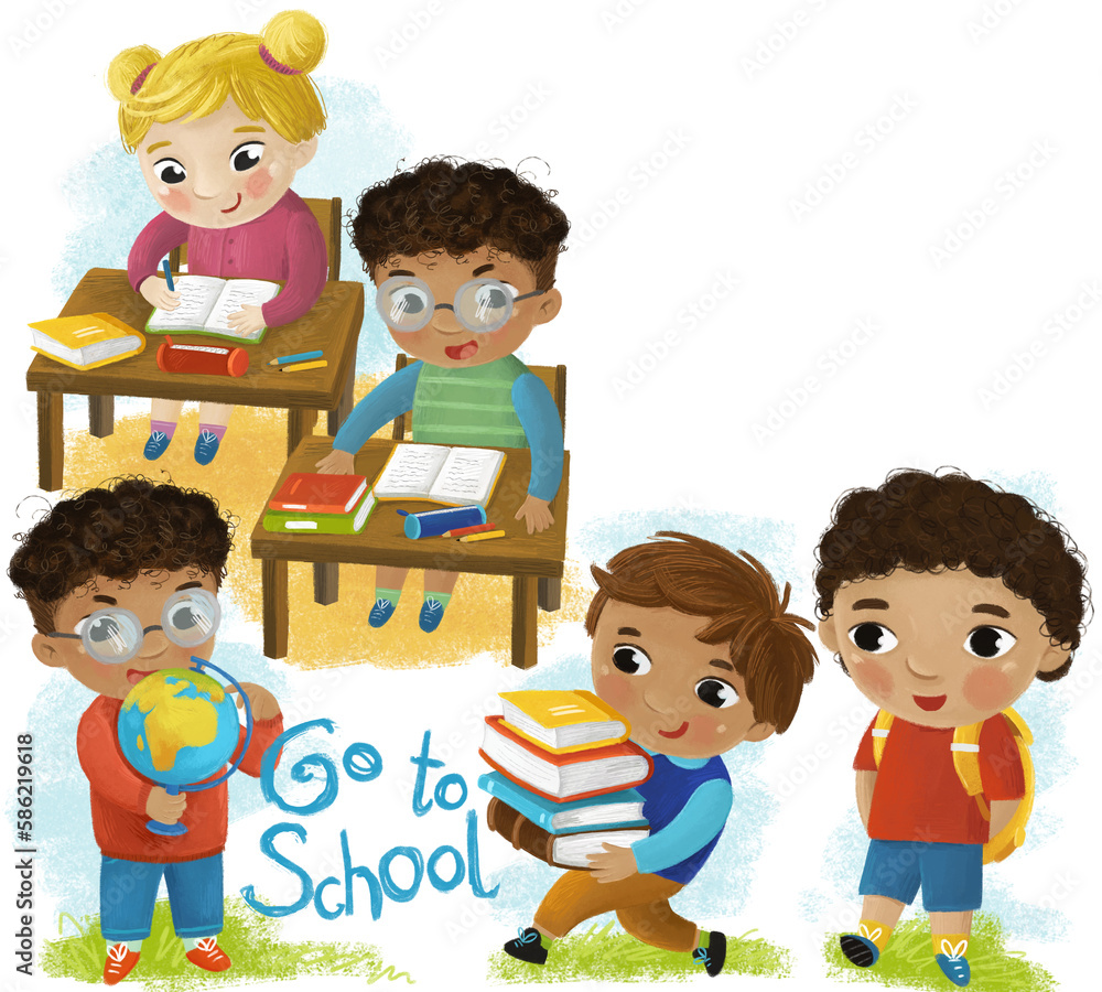 cartoon scene with school kids pupils together having fun learning on white background illustration for children cartoon scene with school kids pupils together having fun learning on white background illustration for children