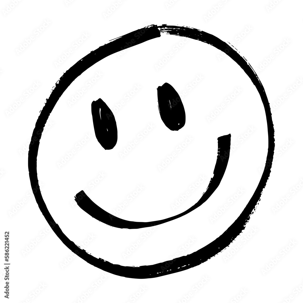 Happy face vector, emoji, expression. Irregular shapes made with marker pen, brush. Black smiley on isolated white background. Illustration of different facial expressions: joy, happiness. Free-hand.