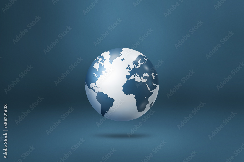World globe, earth map, isolated on blue. Horizontal background World globe, earth map, isolated on blue. Horizontal background