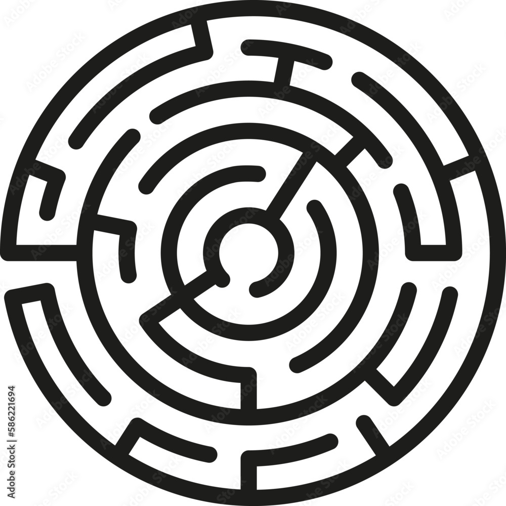 Circle maze. Round labyrinth with one entrance and target. Black vector ...