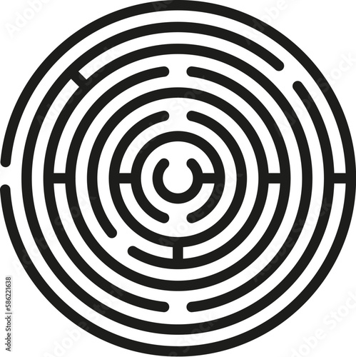 Circle maze. Round labyrinth with one entrance and target. Black vector maze icon isolated on white background.