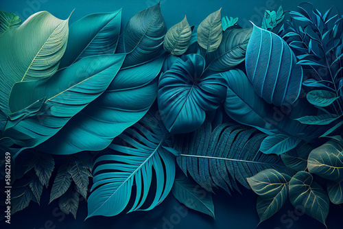 Tropical leaves background. Exotic botanical design. 3D Rendering generative ai