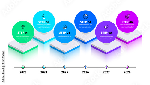 Infographic template. Timeline with 6 steps and isometric squares