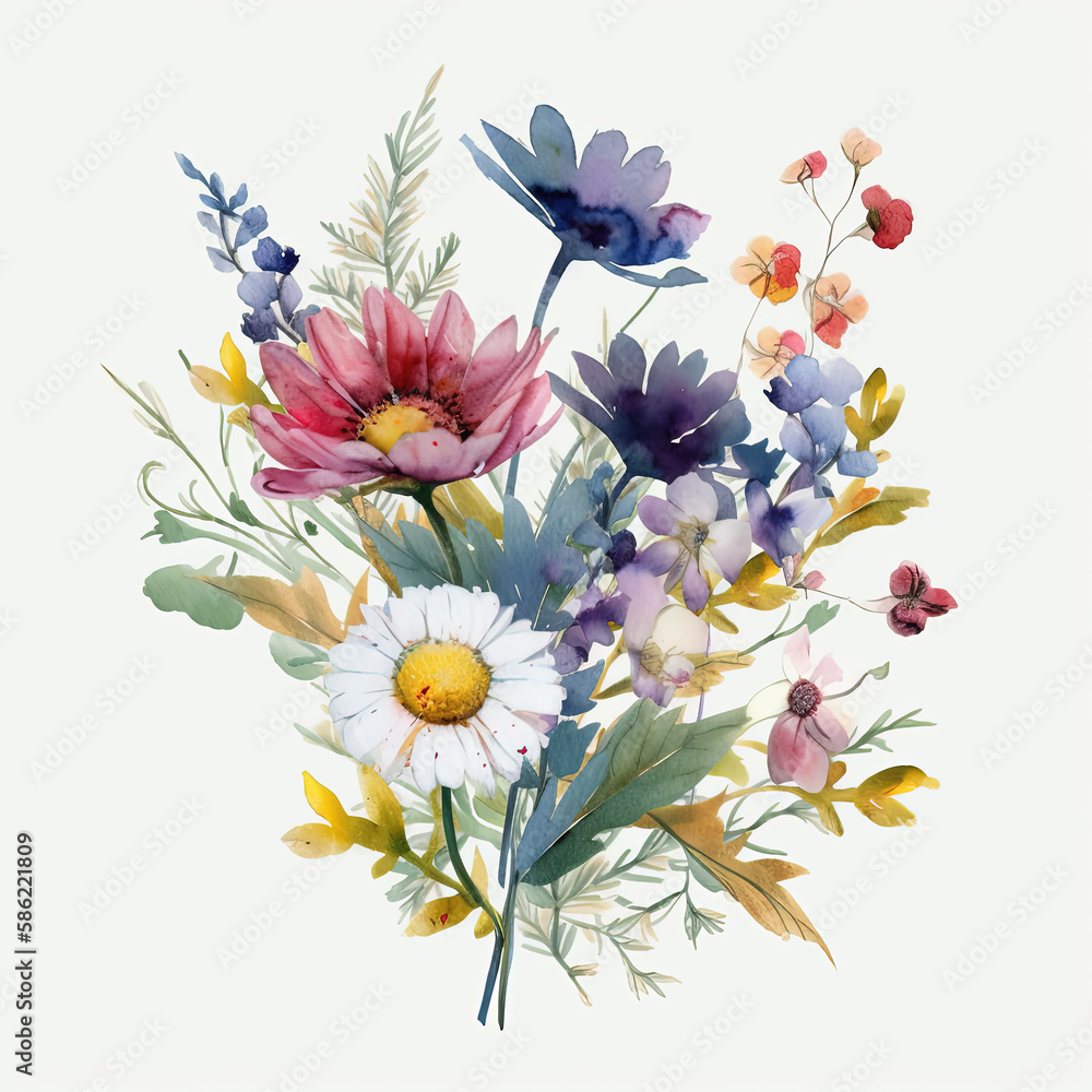 Watercolor wildflowers bouquet isolated on white background. Greeting card, invitation template. Ai generated