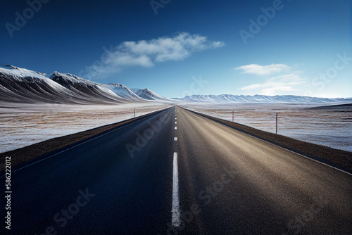 Empty asphalt road in Iceland with snow capped mountains in the background. generative ai