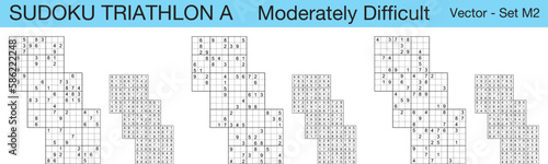 A set of 3 moderately difficult scalable sudoku Triathlon A puzzles suitable for kids, adults and seniors and ready for web use, or to be compiled into a standard or large print activity book.