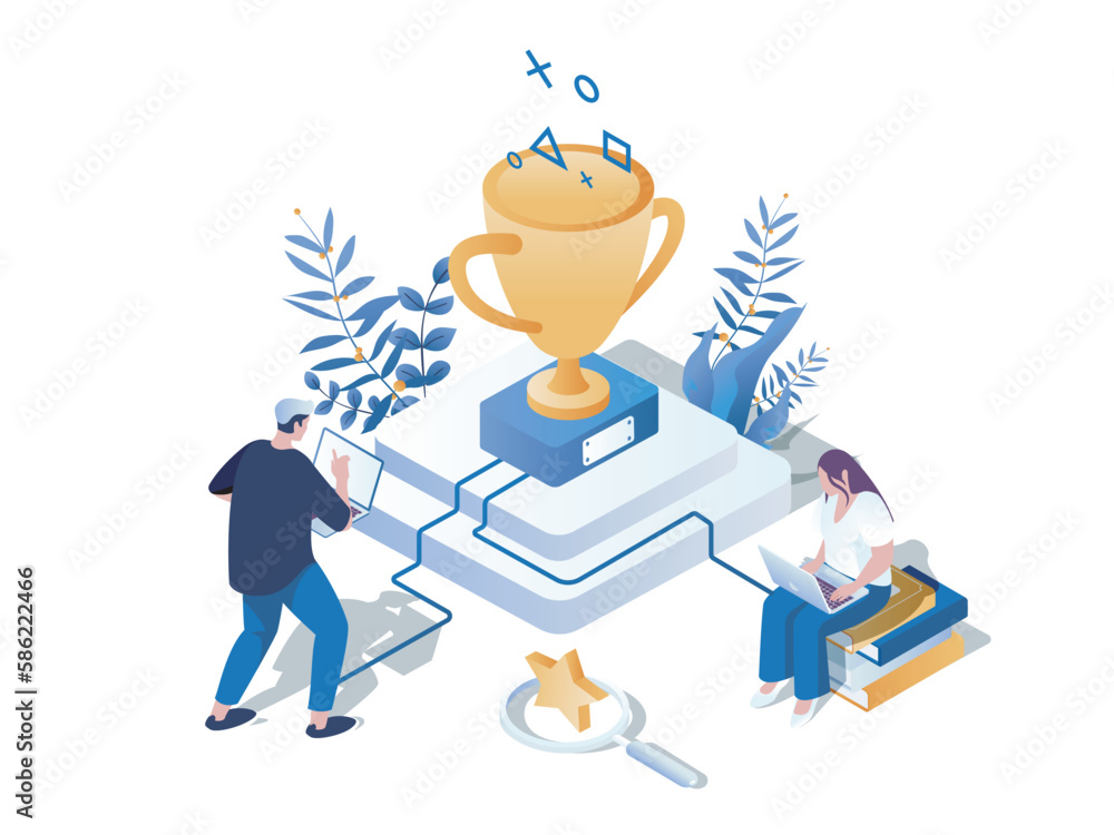 Gamification in learning concept 3d isometric web scene. People studying, achieved new level and completing challenges for winning awards and trophy cup. Vector illustration in isometry graphic design Gamification in learning concept 3d isometric web scene. People studying, achieved new level and completing challenges for winning awards and trophy cup. Vector illustration in isometry graphic design