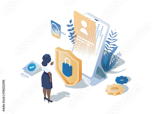 Fraud protection concept 3d isometric web scene. People protecting from hacker and internet data phishing attack, using cyber security technology. Vector illustration in isometry graphic design