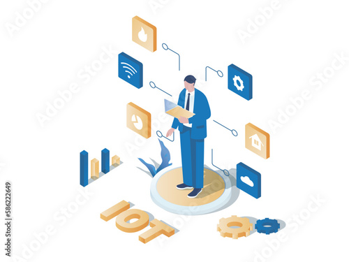 IOT analytics concept 3d isometric web scene. People working with data collected from different IOT devices, using database and cloud processing data. Vector illustration in isometry graphic design