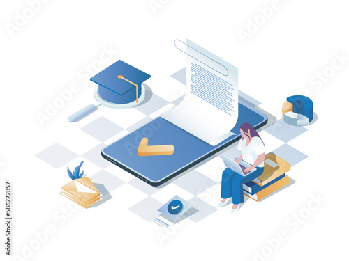 Learning management system concept 3d isometric web scene. People studying at online courses platform and using different software and training services. Vector illustration in isometry graphic design