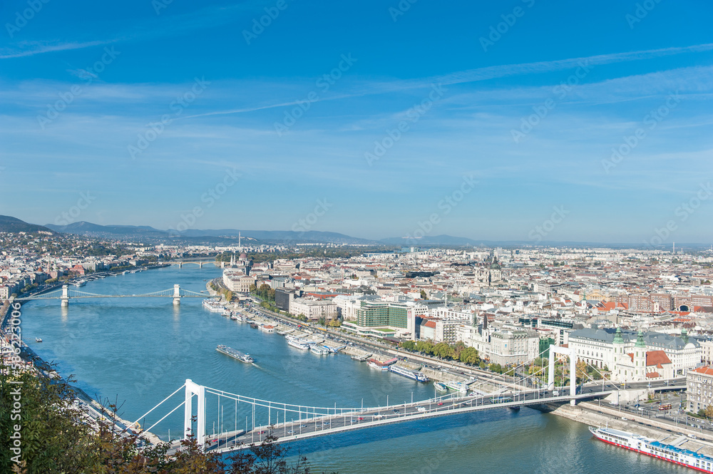 Landscape of Danube River and Budapest City Dock from Citadella, Hungary.