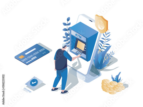 Online payment concept 3d isometric web scene. People make online transactions and pay using credit card in mobile application, money transfer in app. Vector illustration in isometry graphic design