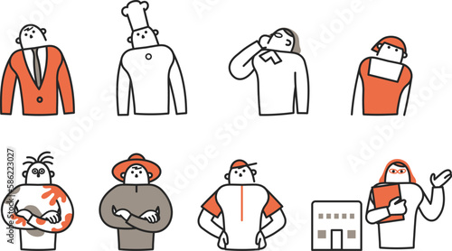 不安げな表情の働く人々と案内する女性　セット　イラスト素材
