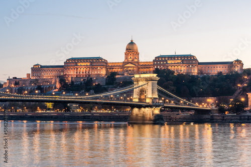 Chain bridge, Danube and Royal Palace in Budapest, Hungary. Evening photo shoot. © Mindaugas Dulinskas