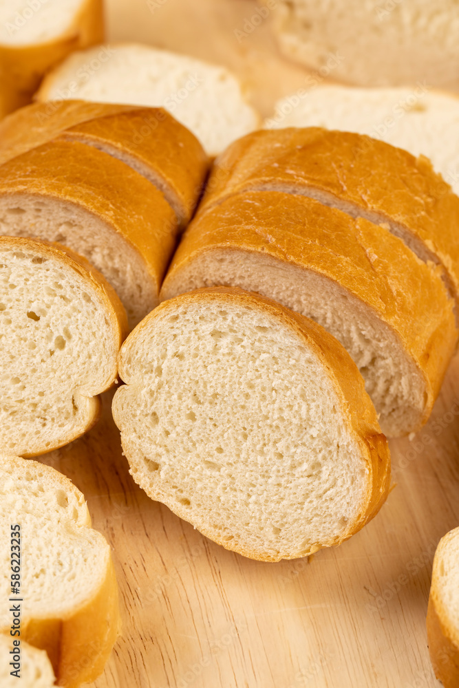 Sliced soft French baguette made of wheat flour Sliced soft French baguette made of wheat flour