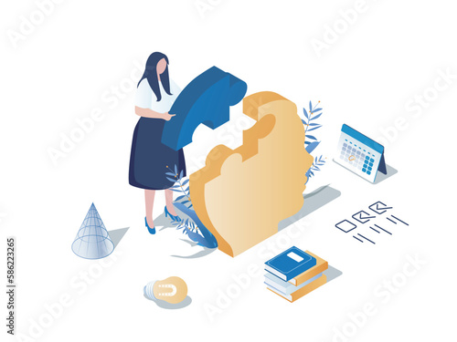Self development concept 3d isometric web scene. People improve skills, work on positive mindset, study, read books, achieving career and personal goals. Vector illustration in isometry graphic design