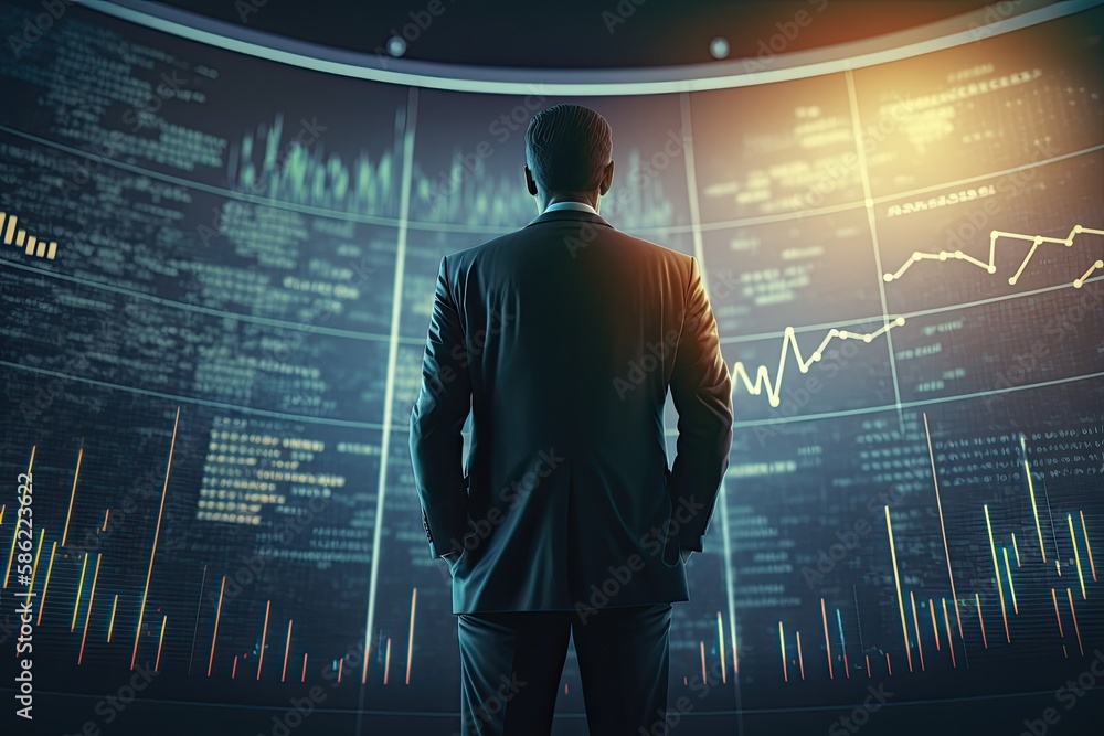 Confident businessman analyzing stock market growth and success, standing in front of a digital screen with financial statistics. Generative AI Confident businessman analyzing stock market growth and success, standing in front of a digital screen with financial statistics. Generative AI