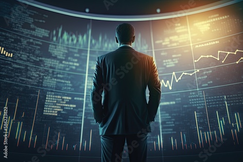 Confident businessman analyzing stock market growth and success, standing in front of a digital screen with financial statistics. Generative AI