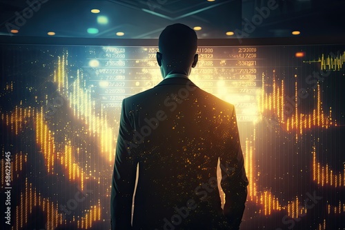 Confident businessman analyzing stock market growth and success  standing in front of a digital screen with financial statistics. Generative AI