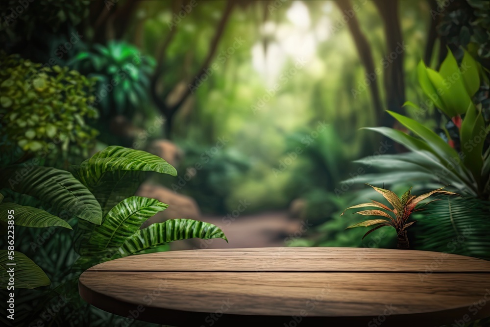 Closeup of an Empty Table with a Blurred Tropical Forest in the Background (Generative AI) Closeup of an Empty Table with a Blurred Tropical Forest in the Background (Generative AI)