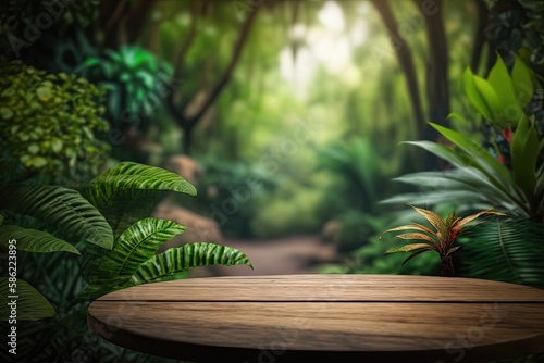 Closeup of an Empty Table with a Blurred Tropical Forest in the Background  Generative AI 