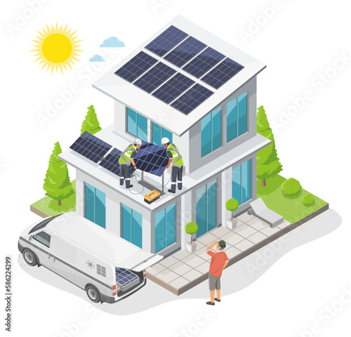 Solar Roof top installer team service installation concept solar cell on roof of Modern House in green nature ecology lifestyle out door isolated illustration cartoon vector