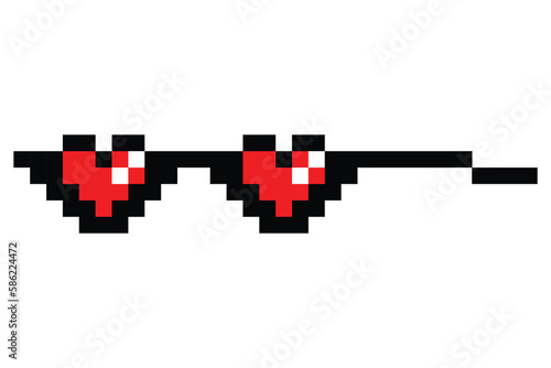 Pixel glasses meme. Like a boss meme. Pixelation, accessory optical fashion. 8 bit funky logo icon. Vector cartoon eyeglass frame for sunglasses