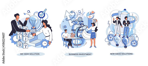 We have solution metaphor, business investment, new ideas solution scenes set. Teamwork and brainstorming. Team and new startup. Leadership and financial activities. Concept joint search for new ideas