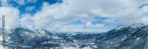 spring snow panorama over pflach in tyrol in beautiful morning weather with a cloudy sky for the back wall of the kitchen, for example