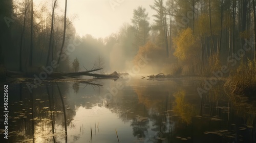 beautiful lake and forest landscape full of Fogg , generative AI © legendexpert