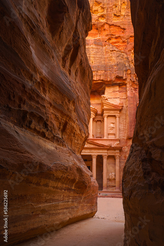 view of Al-Khazneh tomb from Sif Gorge, symbol of the city of Petra, Wadi Musa, Jordan
