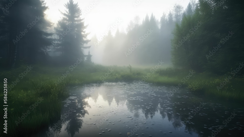 beautiful lake and forest landscape full of Fogg , generative AI