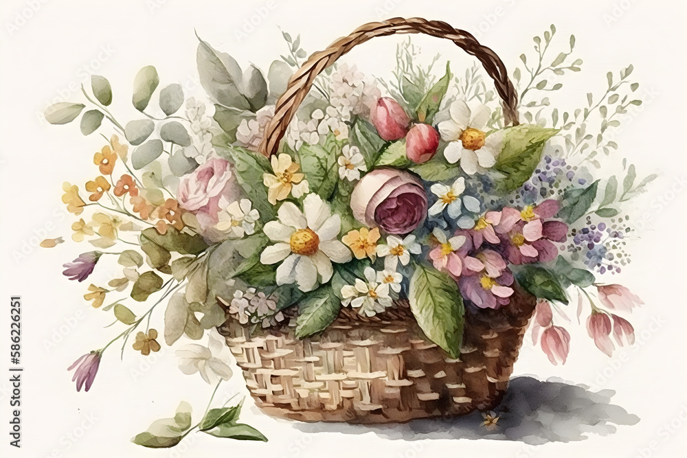 Watercolor illustration of a wicker basket with spring flowers. Illustration by Generative Ai
