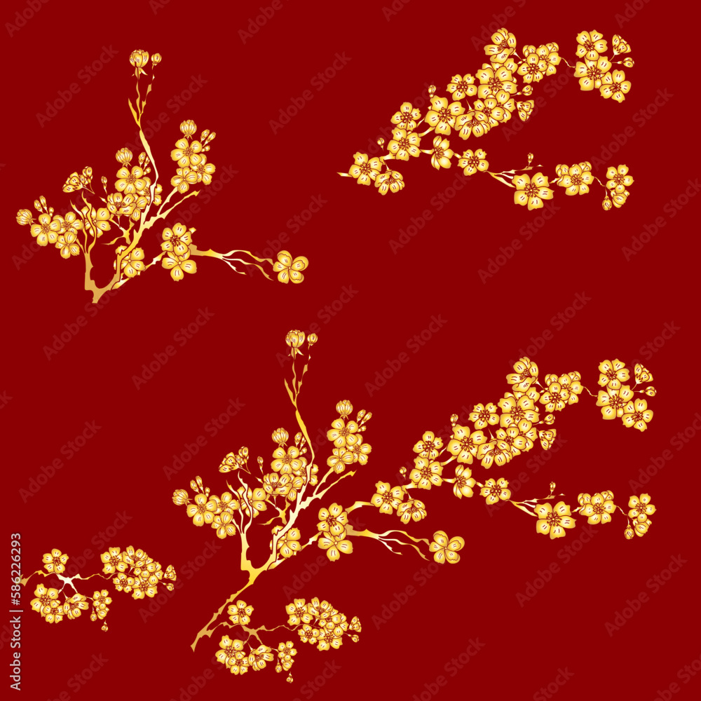 Free hand Sakura flower vector set, Beautiful line art Peach blossom isolate on white background.Branch of cherry blossom for printing on wallpapers and sticker.Japanese flower.Golden line art. Free hand Sakura flower vector set, Beautiful line art Peach blossom isolate on white background.Branch of cherry blossom for printing on wallpapers and sticker.Japanese flower.Golden line art.